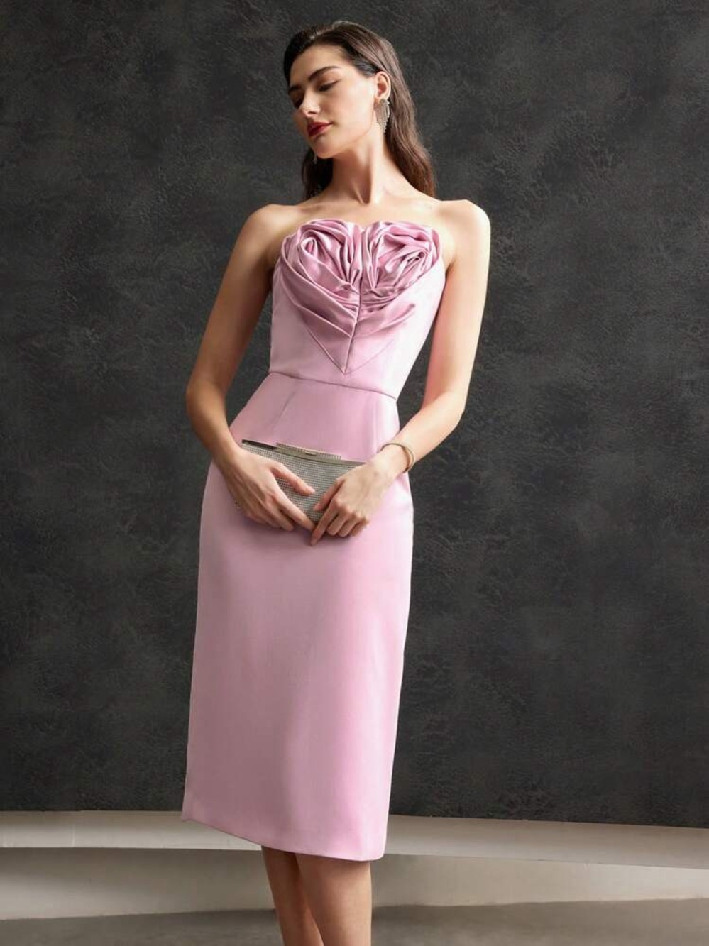 Strapless Pink Rose-Detail Sheath Dress